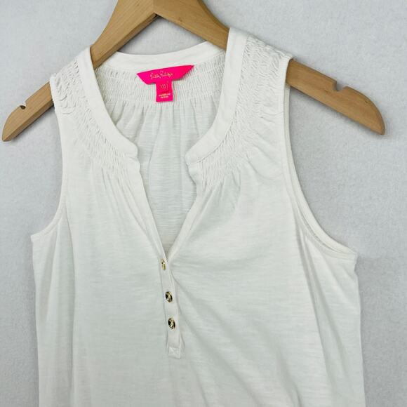 LILLY PULITZER Tank Top 2XS Essie Popover Smocked Palm Beach Slub Cotton White - Picture 6 of 15